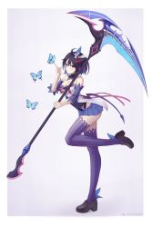 Rule 34 | 1girl, antenna hair, bare shoulders, black footwear, blue butterfly, blue eyes, blue hair, bug, butterfly, closed mouth, dress, fervheart, full body, hair between eyes, hair ornament, highres, holding, holding weapon, honkai (series), honkai impact 3rd, index finger raised, insect, looking at viewer, purple background, purple sleeves, purple thighhighs, scythe, seele vollerei, seele vollerei (swallowtail phantasm), shoes, short hair, sleeveless, sleeveless dress, smile, solo, thighhighs, weapon