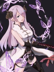 Rule 34 | 10s, 1girl, bare shoulders, belt, black background, black thighhighs, blue eyes, blush, braid, breasts, bug, butterfly, demon girl, demon horns, draph, dress, female focus, fighting stance, granblue fantasy, hair ornament, hair over one eye, high collar, holding, holding sword, holding weapon, horns, insect, katana, large breasts, light purple hair, long hair, looking at viewer, narmaya (granblue fantasy), open mouth, pointy ears, purple eyes, ready to draw, short dress, sideboob, single thighhigh, sleeveless, solo, sui (tsuruhibiki), sword, thigh strap, thighhighs, weapon