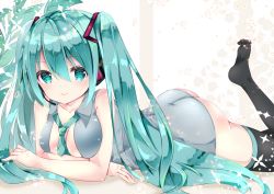 Rule 34 | 1girl, ass, bad id, bad pixiv id, bare arms, bare shoulders, black thighhighs, blush, bottomless, breasts, cleavage, closed mouth, collarbone, collared shirt, commentary request, green eyes, green hair, green necktie, grey shirt, hair between eyes, hair ornament, hatsune miku, headphones, headset, leg up, long hair, looking at viewer, lying, medium breasts, nanase nao, necktie, no shoes, on stomach, open clothes, open shirt, shirt, sleeveless, sleeveless shirt, smile, soles, solo, thighhighs, twintails, very long hair, vocaloid