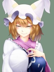 Rule 34 | 1girl, animal hat, bad id, bad twitter id, blonde hair, breasts, color drain, commentary request, green background, hat, kikoka (mizuumi), large breasts, lips, mob cap, mob cap, seductive smile, short hair, smile, solo, tabard, touhou, upper body, v-shaped eyebrows, wide sleeves, yakumo ran, yellow eyes