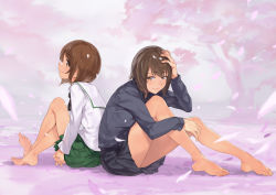 Rule 34 | 10s, 2girls, absurdres, back-to-back, backlighting, bare legs, barefoot, black skirt, brown eyes, brown hair, cherry blossoms, closed mouth, crossed ankles, artistic error, feet, full body, geregere (lantern), girls und panzer, green skirt, grey shirt, hand on own head, highres, knees up, kuromorimine school uniform, long sleeves, looking at viewer, looking to the side, multiple girls, nishizumi maho, nishizumi miho, own hands clasped, own hands together, petals, pleated skirt, profile, sailor collar, school uniform, serafuku, shirt, short hair, siblings, sideways glance, sisters, skirt, smile, toes, tree, white sailor collar, wrong foot