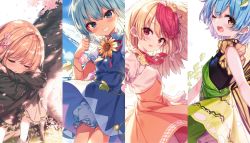 Rule 34 | 4girls, animal, animal on head, bird, bird on head, black dress, blonde hair, bloomers, blue dress, blue eyes, blue hair, brown eyes, chick, choker, cirno, column lineup, commentary request, dress, eternity larva, closed eyes, flower, grin, hair flower, hair ornament, highres, ice, ice wings, leaf, leaf hair ornament, lily black, lily white, long sleeves, looking at viewer, morning glory, multicolored hair, multiple girls, neck ribbon, niwatari kutaka, on head, one eye closed, open mouth, orange dress, plant, red eyes, red neckwear, ribbon, ribbon choker, shnva, short sleeves, sleeveless, sleeveless dress, smile, sunflower, tan, tanned cirno, touhou, tree, two-tone hair, underwear, upskirt, vines, wings