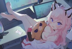 Rule 34 | 1girl, :d, absurdres, animal ears, black choker, blue eyes, breasts, cat ears, cat girl, choker, crossed ankles, desk, drawing tablet, fang, feet on table, gun, handgun, highres, jacket, keyboard (computer), long hair, long sleeves, looking at viewer, medium breasts, monitor, open clothes, open jacket, open mouth, original, pink hair, sitting, skin fang, smile, stuffed toy, wangmon, weapon, white jacket