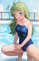 Rule 34 | 1girl, :o, ahoge, bare legs, barefoot, blue one-piece swimsuit, blush, breasts, c (theta), chain-link fence, collarbone, covered navel, fence, green eyes, green hair, hat, highres, holding, holding clothes, holding hat, idolmaster, idolmaster million live!, looking at viewer, medium breasts, notice lines, one-piece swimsuit, pool, poolside, school swimsuit, shimabara elena, slav squatting, smile, solo, squatting, swim cap, swimsuit, tiptoes, v
