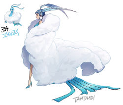 Rule 34 | 1girl, altaria, artist name, blue footwear, blue hair, coat, creature and personification, creatures (company), dress, feather hair ornament, feathers, full body, game freak, gen 3 pokemon, hair ornament, high heels, nintendo, personification, pokedex number, pokemon, pokemon (creature), profile, simple background, standing, tamtamdi, white background, white coat