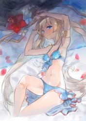 Rule 34 | 1girl, armlet, armpits, bikini, blonde hair, blue bikini, blue eyes, blush, breasts, collarbone, fate/grand order, fate (series), flower, from above, front-tie bikini top, front-tie top, groin, hibiscus, jewelry, long hair, looking at viewer, lying, marie antoinette (fate), marie antoinette (fate/grand order), marie antoinette (swimsuit caster) (fate), marie antoinette (swimsuit caster) (third ascension) (fate), navel, necklace, on back, petals, red flower, small breasts, smile, solo, swimsuit, twintails, very long hair, virus (obsession), white flower