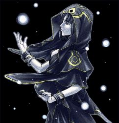 Rule 34 | 1girl, black background, black eyes, black hair, black theme, blunt bangs, bracelet, cloak, gensou suikoden, gensou suikoden v, hood, jewelry, nail polish, outstretched arm, outstretched hand, profile, snowing, solo, standing, umao, zerase (suikoden)