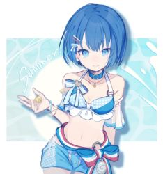Rule 34 | 1girl, aozora no saki kagayaki wo oikakete (project sekai), bare shoulders, bikini, blue bikini, blue bow, blue choker, blue eyes, blue hair, blue shorts, bow, bracelet, choker, chuuko anpu, closed mouth, clover, collarbone, commentary request, detached sleeves, frilled bikini, frills, hair bow, highres, holding, holding shell, jewelry, kiritani haruka, looking at viewer, necklace, parted lips, project sekai, shell, short hair, short sleeves, shorts, smile, solo, striped, striped bow, swimsuit, waist bow, white sleeves