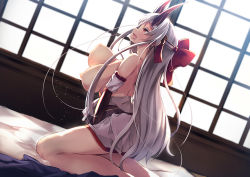 Rule 34 | 1girl, bedroom, breasts, fate/grand order, fate (series), female masturbation, horns, indoors, large breasts, long hair, masturbation, nakatokung, nipples, open mouth, orange eyes, solo, tomoe gozen (fate), topless, unaligned breasts, very long hair, white hair