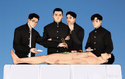 Rule 34 | 5boys, abs, black-framed eyewear, black eyes, black hair, black jacket, blue background, buzz cut, chioneoc, chopsticks, closed eyes, closed mouth, covering own mouth, cowboy shot, crossed arms, fish (food), food, food on body, from side, full body, gakuran, glasses, hand on another&#039;s arm, hand over own mouth, highres, holding, holding chopsticks, holding plate, jacket, looking at another, looking to the side, lying, male focus, multiple boys, nipples, nude, on back, on table, original, plate, rectangular eyewear, sashimi, school uniform, short hair, simple background, sushi, table, very short hair, whispering