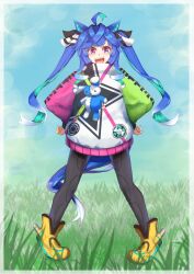 Rule 34 | 1girl, ahoge, animal ears, ankle boots, aqua hair, black bodysuit, black ribbon, blue eyes, blue hair, blue sky, bodysuit, boots, coat, commentary, crossed bangs, day, full body, grass, hair ribbon, hands on own hips, heterochromia, highres, horse ears, horse girl, horse tail, long hair, long sleeves, looking at viewer, multicolored coat, multicolored hair, nora red, open mouth, outdoors, purple eyes, ribbon, sharp teeth, sidelocks, sky, smile, solo, standing, star (symbol), star print, stuffed animal, stuffed rabbit, stuffed toy, tail, teeth, twin turbo (umamusume), twintails, two-tone hair, umamusume, yellow footwear