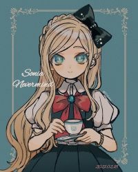 Rule 34 | 1girl, artist name, black bow, blonde hair, blue eyes, blush, bow, braid, character name, closed mouth, collared shirt, commentary request, cowboy shot, cup, danganronpa (series), danganronpa 2: goodbye despair, dated, dress, french braid, green background, green dress, green eyes, hair bow, highres, holding, holding cup, jewelry, long hair, looking at viewer, narumame, puffy short sleeves, puffy sleeves, red bow, red neckwear, shirt, short hair, short sleeves, skirt, smile, solo, sonia nevermind, swept bangs, twitter username