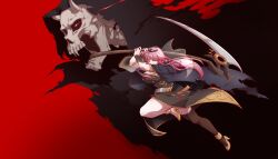 Rule 34 | 1girl, absurdres, black background, black dress, coat, dress, fighting stance, full body, heels, highres, hololive, hololive english, horns, long hair, mori calliope, one leg raised, pink hair, red background, red eyes, ryuuen, scythe, skull, two-tone background, virtual youtuber, weapon