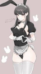 Rule 34 | 1girl, animal ears, apron, black hair, blush, breasts, cleavage, dated, fake animal ears, gloves, hayashio (kancolle), heart, heart hands, highleg, highleg leotard, highres, kantai collection, leotard, long hair, looking at viewer, maid headdress, medium breasts, mole, mole under eye, one-hour drawing challenge, playboy bunny, puffy short sleeves, puffy sleeves, rabbit ears, short sleeves, simple background, skindentation, smile, solo, thighhighs, toriniku senshi chikinman, waist apron, white apron, white gloves, white thighhighs