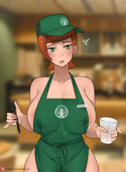 Rule 34 | 1girl, apron, areola slip, barista, ben 10, blurry, blurry background, blush, bob (bobtheneet), breasts, cleavage, covered erect nipples, cowboy shot, cup, drinking glass, female focus, green eyes, groin, gwen tennyson, hat, highres, holding, holding cup, holding pencil, iced latte with breast milk (meme), indoors, lactation, lactation through clothes, large breasts, legs, looking at viewer, meme, naked apron, orange hair, parody, pencil, short hair, solo, standing, starbucks, thick thighs, thighs