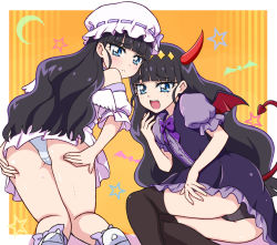 Rule 34 | 2girls, ass, black hair, black panties, blue eyes, blunt bangs, blush, commentary request, delicious party precure, demon tail, demon wings, dress, dual persona, fuji hyorone, heart, heart tail, horns, kasai amane, multiple girls, open mouth, panties, precure, purple dress, red horns, smile, sparkle hair ornament, tail, underwear, white dress, white headwear, white panties, wings