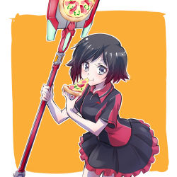 Rule 34 | 1girl, black hair, commentary request, crescent rose, eating, employee uniform, fast food uniform, food, highres, iesupa, pizza, pizza hut, ruby rose, rwby, grey eyes, solo, spatula, uniform