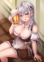 Rule 34 | 1girl, absurdres, alcohol, animal ears, apron, bare legs, bare shoulders, beer, beer mug, blush, bratja, breasts, cleavage, cow ears, cow horns, cup, detached sleeves, dirndl, flower, frilled apron, frilled sleeves, frills, german clothes, green eyes, hair flower, hair ornament, hand up, head tilt, heavy breathing, highres, holding, holding cup, hololive, horns, jewelry, large breasts, long hair, looking at viewer, maid, mug, necklace, open mouth, puffy short sleeves, puffy sleeves, shirogane noel, shirogane noel (dirndl), short sleeves, silver hair, sitting, smile, solo, thighs, very long hair, virtual youtuber, waist apron, white apron