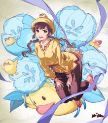Rule 34 | 1girl, bird, blue flower, braid, brown eyes, brown hair, chinese clothes, floral background, flower, hands on lap, leaning forward, ling shen hua, looking at viewer, miyo (13th floor), red footwear, sash, sega, shenmue, shenmue iii, shirt, signature, smile, twin braids, yellow headwear, yellow shirt
