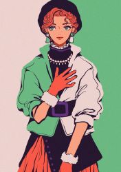 Rule 34 | 1girl, belt, black hat, earrings, flat color, fur trim, gloves, green eyes, hat, highres, jacket, jewelry, limited palette, minillustration, multicolored clothes, multicolored jacket, original, red gloves, red hair, red skirt, short sleeves, skirt, solo, two-tone background, two-tone jacket