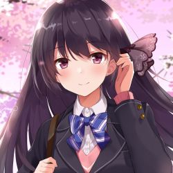 Rule 34 | 1girl, bad id, bad twitter id, black hair, blazer, blush, closed mouth, hair ornament, hand up, highres, jacket, light smile, long hair, looking at viewer, original, outdoors, portrait, purple eyes, school uniform, smile, solo, sweater, takehana note, upper body
