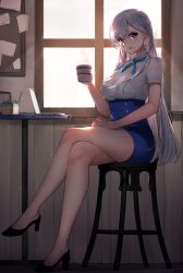 Rule 34 | 1girl, azur lane, bare legs, belfast (azur lane), blouse, blue eyes, blue footwear, blue ribbon, blue skirt, blush, braid, breasts, casual, cleavage, computer, crossed legs, cup, day, earrings, hair between eyes, hand on own thigh, high-waist skirt, high heels, highres, holding, holding cup, indoors, jewelry, laptop, large breasts, long hair, looking at viewer, neck ribbon, pencil skirt, ribbon, see-through, shirt, short sleeves, sidelocks, sitting, skirt, solo, stool, table, thighs, white shirt, window, yamanokami eaka