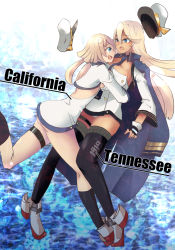 Rule 34 | 2girls, azur lane, backless dress, backless outfit, black gloves, black legwear, blonde hair, blue cape, blue eyes, bob cut, breasts, buttons, c130h-go, california (azur lane), cape, dark-skinned female, dark skin, dress, fingerless gloves, gloves, grey footwear, hair between eyes, hat, highres, jacket, long hair, long sleeves, looking at another, multicolored background, multiple girls, necktie, no bra, no panties, open mouth, peaked cap, short dress, skirt, standing, tennessee (azur lane), thigh strap, thighhighs, white dress, white jacket, yuri