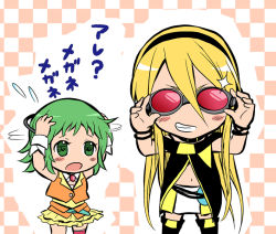 Rule 34 | 2girls, bad id, bad pixiv id, blonde hair, blue eyes, boots, borrowed clothes, cable, checkered background, chibi, flying sweatdrops, goggles, goggles on head, green eyes, green hair, grin, gumi, headphones, kyuru (poripori), lily (vocaloid), long hair, multiple girls, short hair, skirt, smile, translated, vocaloid