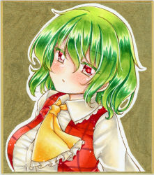 Rule 34 | 1girl, blush, breasts, collared shirt, commentary request, graphite (medium), green hair, hair between eyes, highres, kazami yuuka, long sleeves, looking at viewer, marker (medium), medium breasts, neckerchief, nekofish666, open mouth, portrait, red eyes, red vest, shirt, short hair, solo, touhou, traditional media, vest, white shirt, yellow neckerchief
