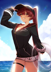 Rule 34 | 1girl, baseball cap, bikini, bikini under clothes, black headwear, black jacket, blue sky, breasts, cleavage, cloud, earrings, gold earrings, gold necklace, grey shorts, hat, heart, heart earrings, heart necklace, heterochromia, highres, holding, holding swim ring, hololive, houshou marine, houshou marine (summer), innertube, jacket, jewelry, large breasts, long hair, looking at viewer, necklace, o-ring, o-ring thigh strap, official alternate costume, ponytail, red bikini, red eyes, red hair, short shorts, shorts, sky, smile, surato, swim ring, swimsuit, thigh strap, two-sided fabric, two-sided jacket, virtual youtuber, water, yellow eyes