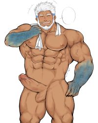 Rule 34 | 1boy, abs, aegir (housamo), aqua hair, bara, beard, blue eyes, blush, completely nude, cowboy shot, dark skin, dark-skinned male, erection, facial hair, fins, highres, large pectorals, looking at viewer, male focus, multicolored hair, muscular, muscular male, navel, nipples, nude, pectorals, penis, short hair, solo, stomach, streaked hair, thick thighs, thighs, tokyo houkago summoners, towel, towel around neck, uncensored, veins, veiny penis, white background, white hair, xiaojishangtian