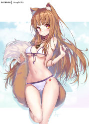 Rule 34 | 1girl, animal ear fluff, animal ears, apple, artist name, bare shoulders, bikini, blush, breasts, brown hair, brown tail, cameltoe, commentary request, cowboy shot, food, fruit, gluteal fold, holo, hong (white spider), jewelry, long hair, long tail, navel, necklace, patreon, patreon username, pouch, red eyes, signature, small breasts, solo, spice and wolf, swimsuit, tail, watermark, white bikini, white tail, wolf ears, wolf tail