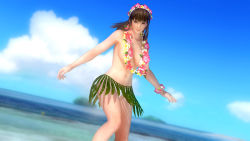 Rule 34 | 1girl, 3d, alternate costume, beach, blurry, blurry background, breasts, brown hair, cloud, dead or alive, dead or alive 5, dead or alive 5 last round, depth of field, dutch angle, flower, flower necklace, grass skirt, head wreath, hitomi (doa), jewelry, large breasts, lei, long hair, looking at viewer, necklace, ocean, official art, outdoors, sky, solo, tecmo, topfreedom, topless