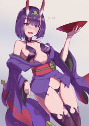 Rule 34 | 1girl, absurdres, bad id, bad pixiv id, bare shoulders, blush, bob cut, breasts, collarbone, crystal46311, cup, eyeliner, fate/grand order, fate (series), headpiece, highres, horns, japanese clothes, kimono, long sleeves, looking at viewer, makeup, off shoulder, oni, open mouth, purple eyes, purple hair, purple kimono, revealing clothes, sakazuki, sash, short hair, short kimono, shuten douji (fate), skin-covered horns, small breasts, smile, solo, thighs, wide sleeves
