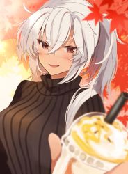 Rule 34 | 1girl, alternate costume, autumn leaves, black sweater, blurry, blurry foreground, blush, breasts, brown eyes, cup, dark-skinned female, dark skin, disposable cup, drink, drinking straw, glasses, highres, kantai collection, large breasts, leaf, long hair, musashi (kancolle), musashi kai ni (kancolle), open mouth, ribbed sweater, solo, sweater, turtleneck, turtleneck sweater, twintails, upper body, white hair, yunamaro