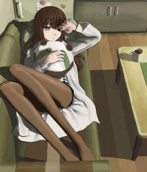 Rule 34 | 1girl, absurdres, blue eyes, brown hair, coffee, couch, cup, feet, highres, hugging object, lab coat, legs, long hair, lying, makise kurisu, mocha, morning, mug, no shoes, on back, pantyhose, pantyhose under shorts, pillow, pillow hug, resized, revision, ringed eyes, shorts, sleepy, solo, steins;gate, wince