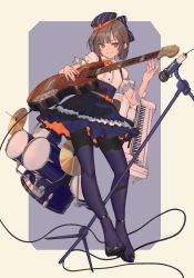 Rule 34 | 1girl, bass guitar, beret, black footwear, blouse, blue pantyhose, blue skirt, brown eyes, brown hair, closed mouth, drum, drum set, electric guitar, frilled sleeves, frills, guitar, hand up, hat, high-waist skirt, high heels, holding, holding instrument, instrument, lanzi (415460661), legs apart, looking at viewer, microphone, microphone stand, music, original, pantyhose, piano, playing instrument, puffy short sleeves, puffy sleeves, shirt, shoes, short hair, short sleeves, sidelocks, skirt, smile, solo, tsurime, underbust, upright piano, white shirt