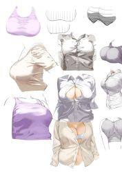 Rule 34 | bra, breasts squeezed together, breasts, center opening, cleavage, collared shirt, dress shirt, grey shirt, headless, kaisen chuui, large breasts, long sleeves, original, partially unbuttoned, popped button, shirt, short hair, sketch, skin tight, t-shirt, tank top, torso, underwear, white background, white bra, white shirt