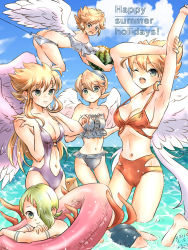 Rule 34 | 5girls, :o, armpits, ass, bare shoulders, bikini, bird wings, black wings, blonde hair, blue bikini, blue eyes, blue sky, blush, breasts, breath of fire, breath of fire i, breath of fire ii, breath of fire iii, breath of fire iv, breath of fire v, clothing cutout, cloud, commentary request, day, facial mark, fishing hook, food, forehead mark, fruit, hair over one eye, hamamuraacca, highres, innertube, large breasts, long hair, looking at viewer, multiple girls, navel, navel cutout, nina (breath of fire i), nina (breath of fire ii), nina (breath of fire iii), nina (breath of fire iv), nina (breath of fire v), ocean, one-piece swimsuit, outdoors, purple one-piece swimsuit, red bikini, short hair, sky, strapless, strapless bikini, swim ring, swimsuit, water, watermelon, white bikini, white wings, wings