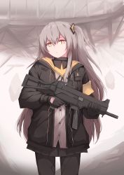 Rule 34 | 1girl, absurdres, armband, black bow, black jacket, black pantyhose, bow, brown eyes, crossed bangs, diberzs, girls&#039; frontline, gloves, grey hair, gun, hair between eyes, hair ornament, highres, holding, holding gun, holding weapon, hood, hood down, hooded jacket, jacket, looking at viewer, one side up, open clothes, open jacket, pantyhose, shirt, solo, submachine gun, ump45 (girls&#039; frontline), weapon, white shirt