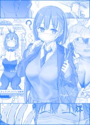 Rule 34 | 1boy, 1girl, ?, ai-chan (tawawa), anger vein, bag, blue theme, blush, braid, breasts, cellphone, check commentary, cleavage, collar tug, comic, commentary, commentary request, cosplay, danmaku comments, closed eyes, faceless, faceless male, flying sweatdrops, getsuyoubi no tawawa, himura kiseki, imagining, iphone x, large breasts, leotard, livestream, mask, monochrome, mouth mask, necktie, pantyhose, phone, playboy bunny, school uniform, short hair, shoulder bag, sick, silent comic, smartphone, surgical mask, sweater vest, translation request, v