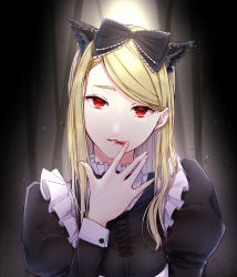 Rule 34 | 1girl, absurdres, animal ears, aokikiki, black bow, blonde hair, blood, blood on face, bow, dress, hair bow, highres, jinrou judgment, long hair, looking at viewer, parted bangs, sandra (jinrou judgment), solo, wolf ears, wolf girl