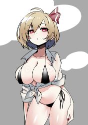 Rule 34 | + +, 1girl, ahoge, bikini, black bikini, blonde hair, breasts, cleavage, commentary, earrings, grey background, hair ribbon, highres, jewelry, large breasts, looking at viewer, red eyes, red nails, red ribbon, ribbon, rumia, shirt, short hair, shukusuri, solo, swimsuit, tied shirt, touhou, white shirt