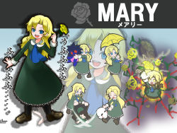 Rule 34 | &gt; &lt;, 1girl, :d, :p, ascot, blonde hair, blood, blue eyes, blush stickers, character name, closed eyes, doll, dress, dropping, flower, frills, glowing, glowing eyes, green dress, highres, holding, ib (kouri), lady in green (ib), long hair, mary (ib), nintendo, open mouth, outline, pantyhose, parody, rose, shan grila, shoes, sidelocks, silhouette, smile, super smash bros., symbol, tongue, tongue out, umbrella, yellow eyes, yellow flower, yellow rose, zoom layer