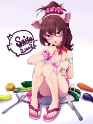 Rule 34 | 1girl, animal ears, anklet, asparagus, bad id, bad pixiv id, bikini, breasts, brown eyes, brown hair, carrot, covered erect nipples, cucumber, eggplant, fake animal ears, fake tail, feet, fork, front-tie top, glasses, jewelry, knife, long hair, looking at viewer, nail polish, original, pig, pig ears, pig girl, pink-framed eyewear, ponytail, saitou teikoku, sandals, shiny skin, sitting, small breasts, solo, swimsuit, tail, toenail polish, toenails, toes