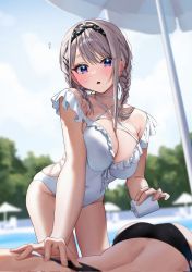 Rule 34 | 2girls, ass, bikini, black bikini, blue eyes, blurry, blurry background, blush, braid, breasts, chigusa minori, cleavage, commentary request, corrupted twitter file, covered navel, grey hair, hair ornament, highres, large breasts, looking at viewer, lying, multiple girls, on stomach, one-piece swimsuit, outdoors, parted lips, saotome shino (shino to ren), shino to ren, shirayuki ren, skindentation, solo focus, swimsuit, thighs, twin braids, white one-piece swimsuit