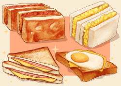 Rule 34 | bread, bread slice, brown background, cheese, egg (food), food, food focus, fried egg, ham, highres, kaneko ryou, meat, no humans, original, sandwich, still life, toast