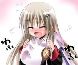 Rule 34 | blush, buttons, closed eyes, hat, large buttons, little busters!, long hair, noumi kudryavka, open mouth, otoki raku, silver hair, solo