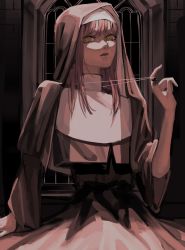 Rule 34 | 1girl, alternate costume, black skirt, brown hair, chainsaw man, church, cross, cross necklace, highres, holding, holding jewelry, holding necklace, jewelry, long hair, looking at viewer, makima (chainsaw man), necklace, nun, ringed eyes, robe, skirt, solo, traditional nun, ulov390, yellow eyes