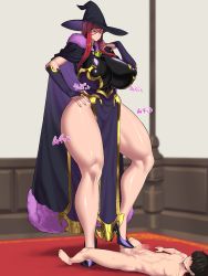 Rule 34 | 1girl, absurdres, ball busting, bdsm, blush, breasts, bridal gauntlets, brooch, cape, carpet, cbt, censored, closed mouth, clothed female nude male, curvy, erection, expressionless, feet, femdom, footjob, fur trim, hair over eyes, hand on own hip, hand up, hat, high heels, highres, huge breasts, indoors, jewelry, legs, long hair, looking down, lying, mosaic censoring, navel, nude, original, pelvic curtain, penis, red eyes, red hair, shoejob, size difference, sound effects, spacezin, standing, sweat, swept bangs, testicles, thick thighs, thighs, toes, witch hat